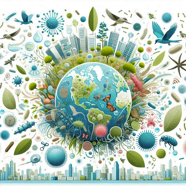 Eine farbenfrohe Illustration der Erde, umgeben von Elementen aus Natur, Biodiversität und Urbanisierung. Im Zentrum steht die Erde mit klar erkennbaren Kontinenten und Ozeanen. Um sie herum entfalten sich verschiedene Pflanzen, Tiere, Insekten und Mikroorganismen, die die Vielfalt des Lebens darstellen. Ergänzt wird die Szene durch Gebäude und Stadtlandschaften, die für menschliche Entwicklung stehen. Das Bild betont die Verbindung zwischen Natur und Mensch sowie die Bedeutung des Erhalts der Biodiversität.