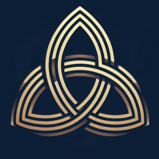 Goldenes Tripel-Knoten-Logo auf Nachtblau – Darstellung der Synkinese durch Materie, Energie und Information