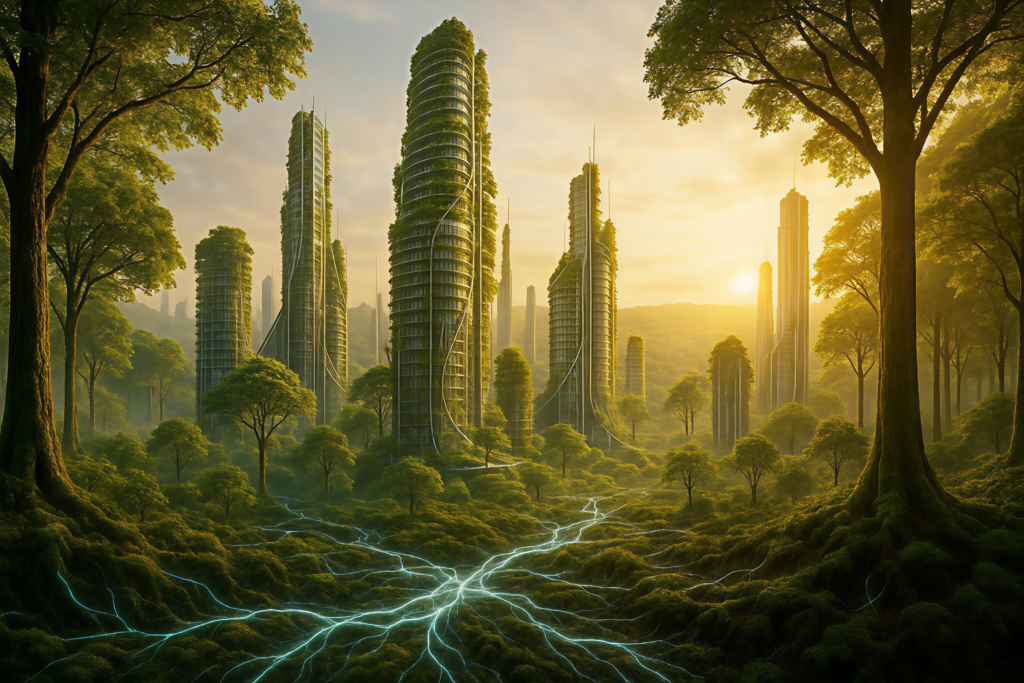 Photorealistische Illustration der Harmonischen Stadt (HS-OS) als Teil eines globalen Ökosystems, verwoben mit Wäldern nach dem Vorbild der Aufforstung durch Ecosia.