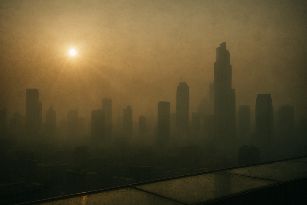 Cinematic wide shot einer modernen Metropole in dichtem, gelblich-grauem Smog bei Sonnenaufgang; Feinstaubbelastung und reduzierte Sichtweite durch urbane Emissionen.