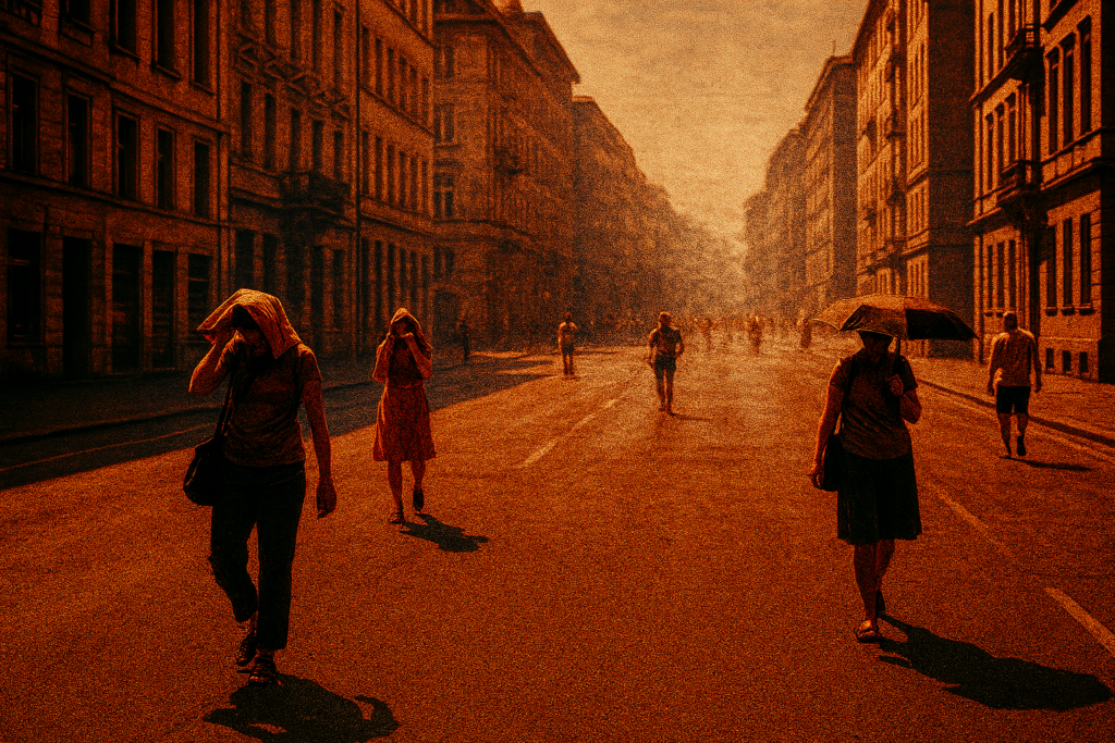 Dokumentarfotografie einer überhitzten europäischen Innenstadt während einer Hitzewelle; flimmernder Asphalt und graue Betonfassaden ohne Vegetation, versiegelte Flächen als städtische Hitzeinsel.