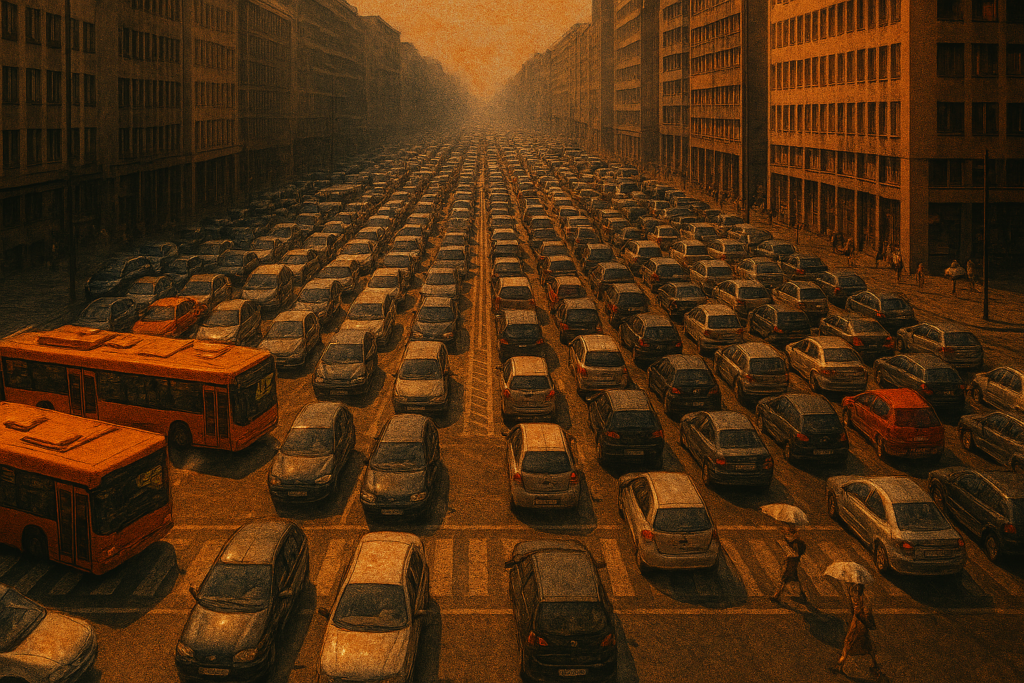 Draufsicht einer überlasteten städtischen Kreuzung mit massivem Verkehrsstau; graue Beton-Infrastruktur ohne Radwege oder Grünstreifen, Abgasemissionen in einer dicht bebauten Umgebung.