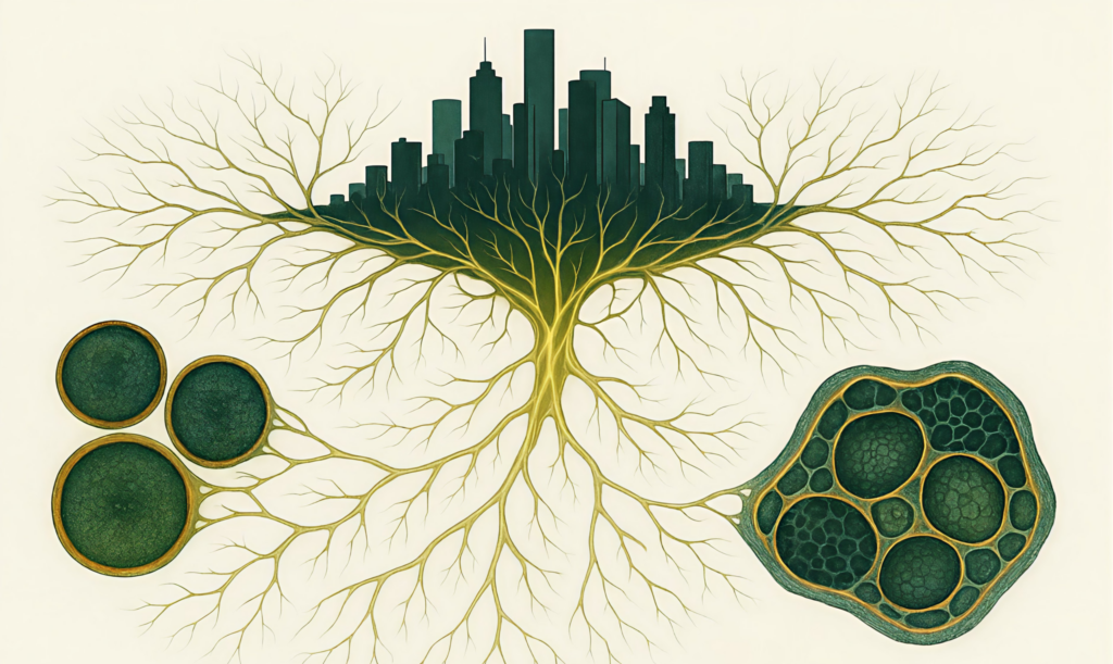 Konzeptionelle Illustration zur Anpassungsfähigkeit des Menschen: Goldene Myzel-Netzwerke verbinden eine moderne Stadt-Silhouette vor einem smaragdgrünen Nachthimmel, Symbol für urbane Resilienz.