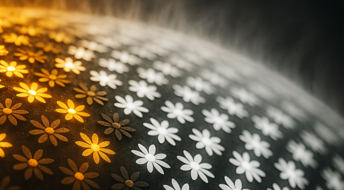 Abstrakte Visualisierung des Daisyworld-Modells: Schwarze und weiße Gänseblümchen auf einer Planetenoberfläche regulieren durch Albedo-Effekte die globale Temperatur im Sinne der Gaia-Hypothese.