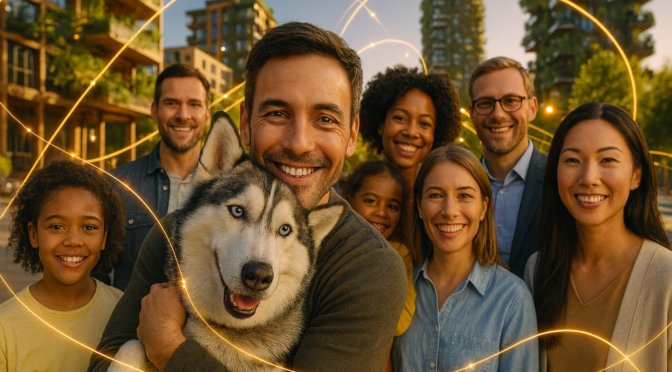 Urbane Resilienz und systemische Stadtplanung - Visualisierung der Harmonischen Stadt. Eine vielfältige Gruppe lächelnder Menschen in einer grünen Stadtlandschaft; eine Person hält einen Husky im Arm. Goldene Lichtlinien vernetzen Menschen, Tier und Natur als Symbol für das HS-Netzwerk.