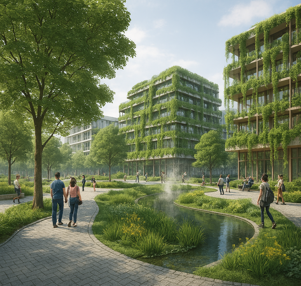 Fotorealistische Architektur-Visualisierung eines Sponge City Stadtplatzes mit Fassadenbegrünung, Bioswales und dekorativen Retentionsbecken zur Klimaanpassung.