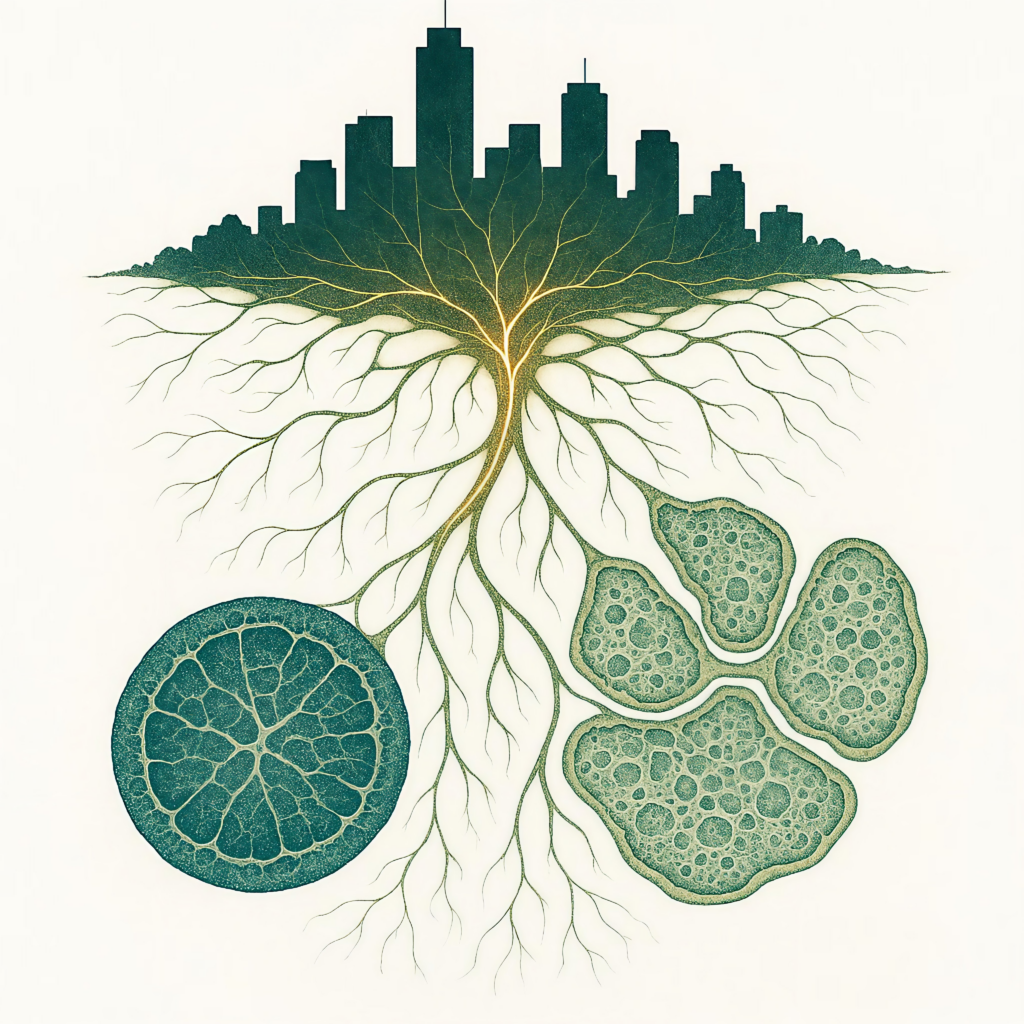 Konzeptionelle Illustration zur urbanen Resilienz und Symbiogenese: Myzel-Netzwerke verbinden Stadtstrukturen mit biologischen Zellmustern.