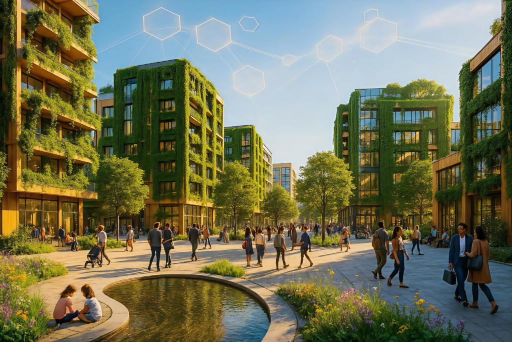 Systemische Stadtplanung in der Praxis: Ein lebendiges Quartier mit Holz-Hybrid-Bauten, vertikalen Gärten und dem HS-Netzwerk als sichtbare Klimaanpassungsstrategie zur Goldenen Stunde.