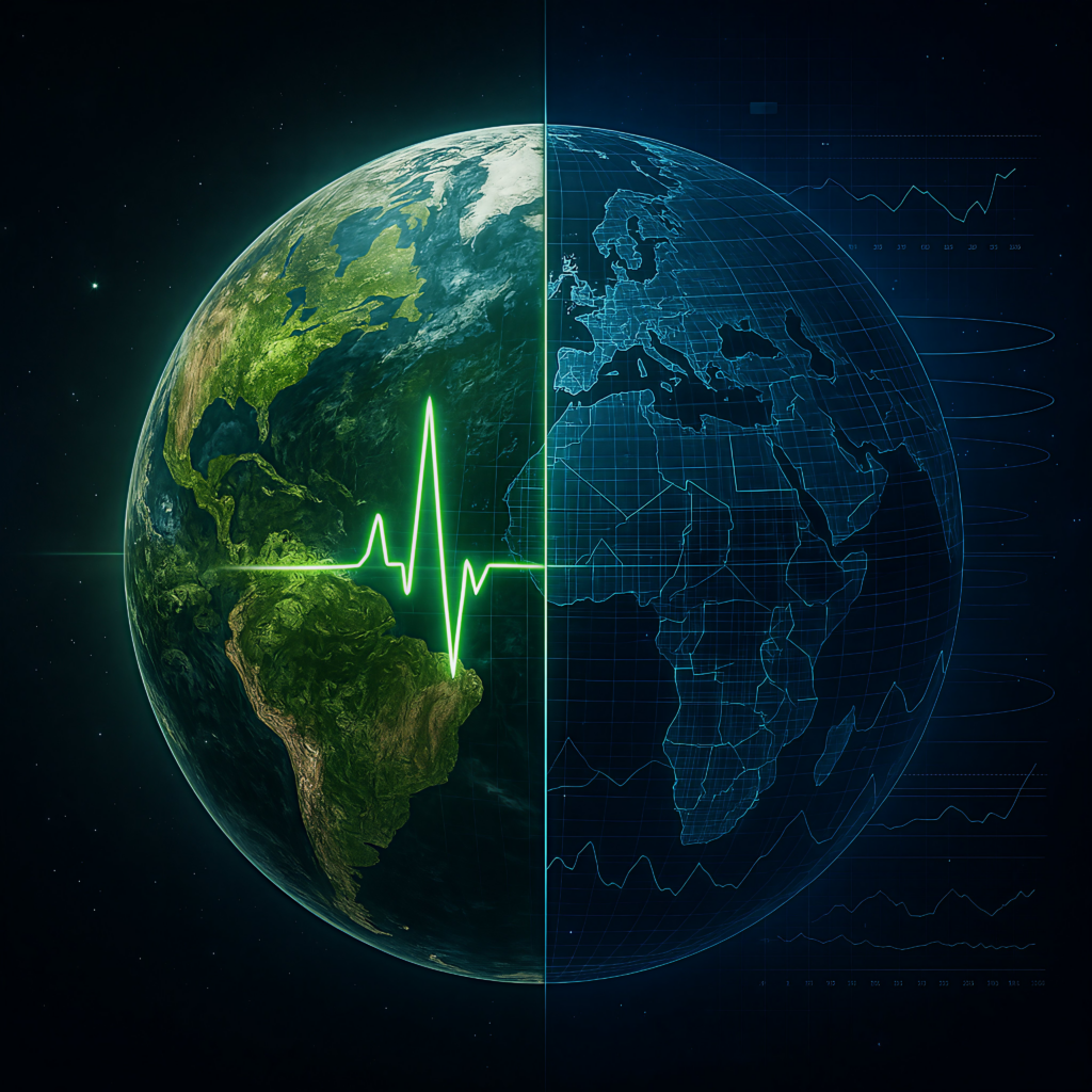 Ein Bild, das die Erde sowohl als atmenden Organismus als auch als mathematisches System zeigt.