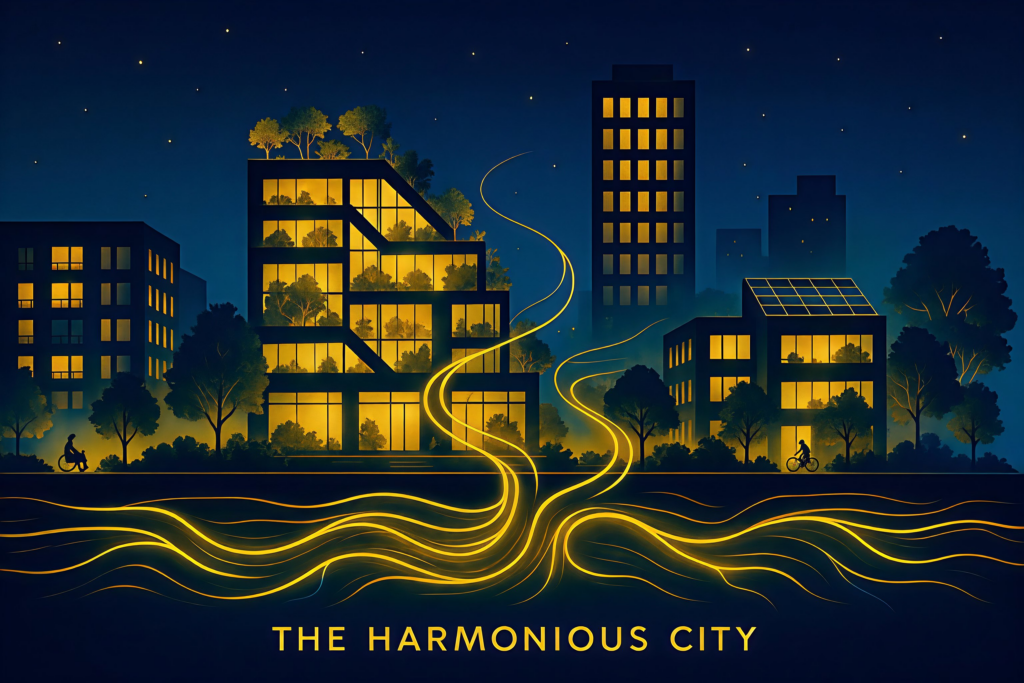 Klimaanpassungsstrategie: Querschnitt einer modernen, resilienten Stadtlandschaft bei Nacht in Nachtblau und Gold; leuchtende Linien symbolisieren vernetzte Energie- und Stoffkreisläufe zwischen Gebäuden und Grünflächen.