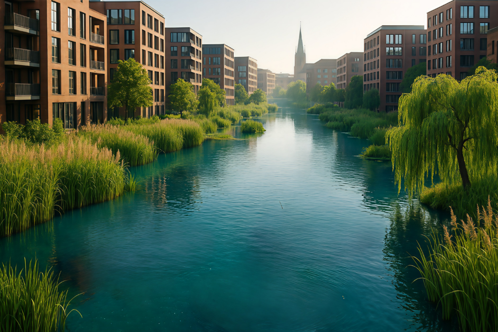 Blau-grüne Infrastruktur Hamburg: Visualisierung der Schwammstadt-Maßnahmen und naturnahen Uferzonen für urbane Resilienz.