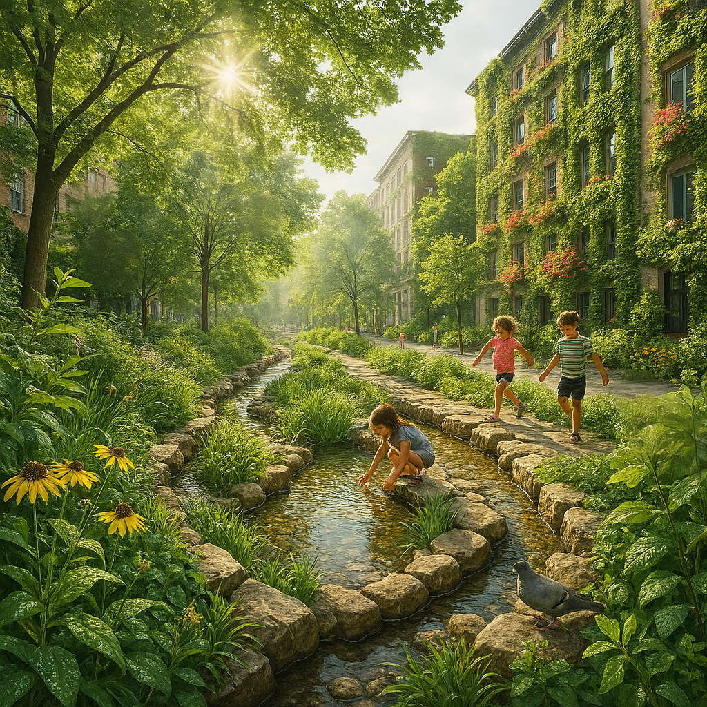 Visualisierung der Blau-grünen Infrastruktur Hamburg: Ein sonniger Stadtplatz mit Bioswales aus Naturstein, spielenden Kindern an einem Teich und üppiger Fassadenbegrünung im National Geographic Stil.