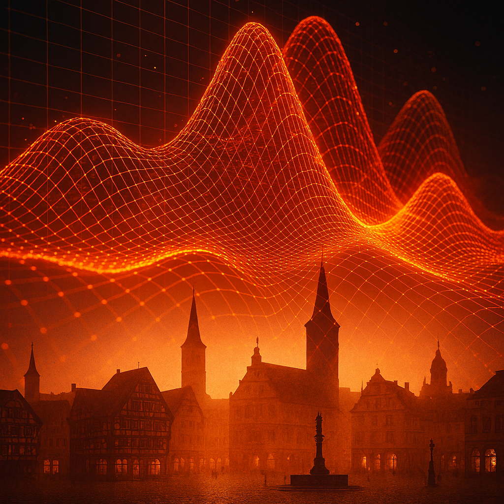 Cineastische Doppelbelichtung einer historischen deutschen Stadt-Silhouette mit Fachwerk und Kirchtürmen, überlagert von einem glühenden 3D-Gitter aus roten und orangefarbenen Temperaturdaten-Strömen; wissenschaftliche Visualisierung des Stadtklimas.