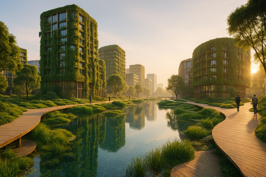 Die Harmonische Stadt als Vision einer wasserresilienten Schwammstadt mit Kanälen und Bio-Filtrationsbecken. Die Gestaltung folgt den Prinzipien des Harmonious City Operating System (HS-OS) nach Helena Gericke.