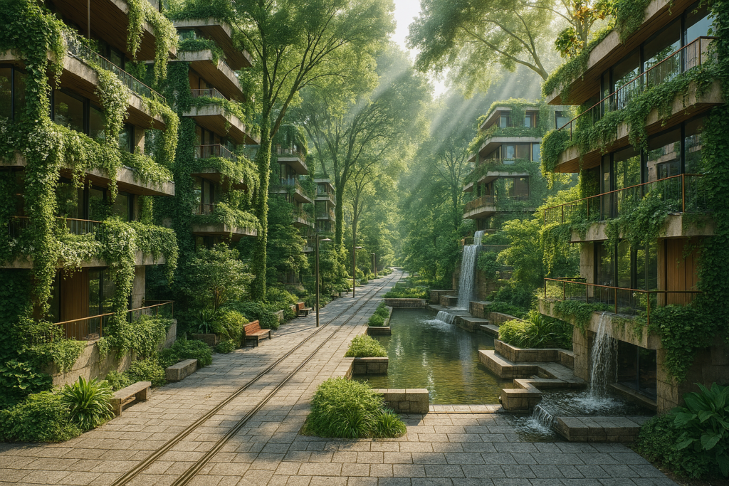 Die Harmonische Stadt mit vertikalen Wäldern und dichten grünen Korridoren zur Kühlung. Die Gestaltung folgt den Prinzipien des Harmonious City Operating System (HS-OS) nach Helena Gericke.