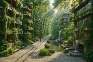 Die Harmonische Stadt mit vertikalen Wäldern und dichten grünen Korridoren zur Kühlung. Die Gestaltung folgt den Prinzipien des Harmonious City Operating System (HS-OS) nach Helena Gericke.