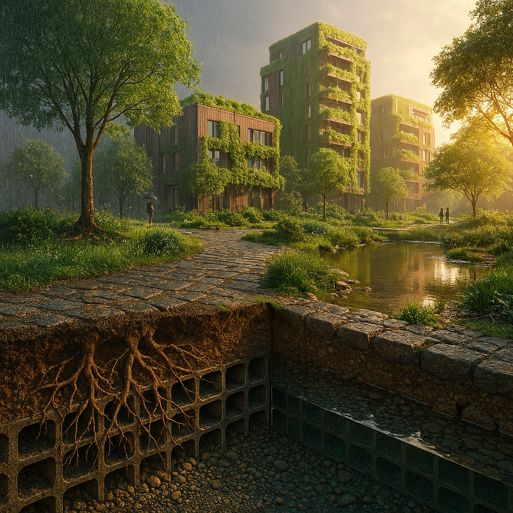 Querschnitt einer blau-grünen Infrastruktur in Hamburg: Unterirdischer Wasserspeicher, Wurzelsysteme und permeable Wege unter einem modernen Park der Harmonischen Stadt.