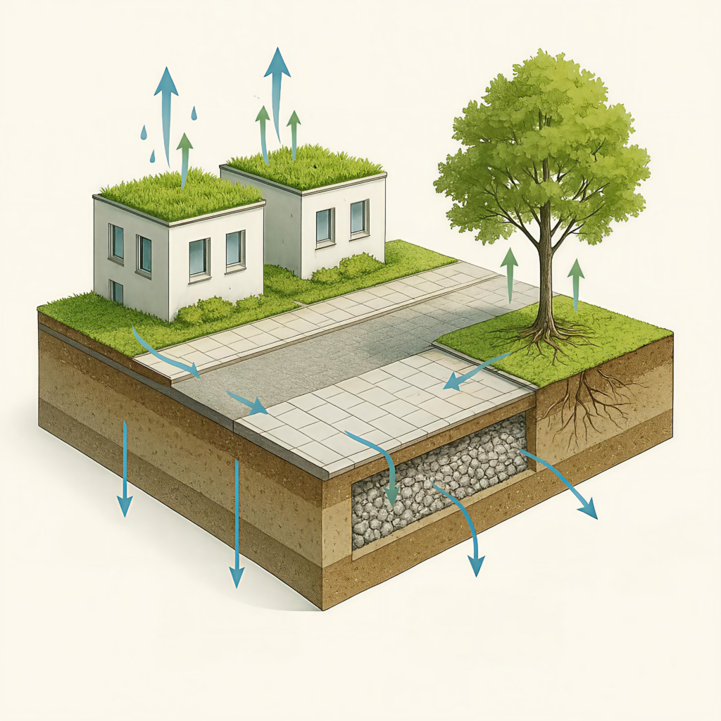 3D-Querschnitt-Illustration einer Schwammstadt-Straße mit Gründach, versickerungsfähigem Pflaster, Baumrigolen und Schotter-Speichersystemen. Blaue Pfeile markieren den Wasserfluss in den Boden, grüne Pfeile symbolisieren die Verdunstungskühlung.