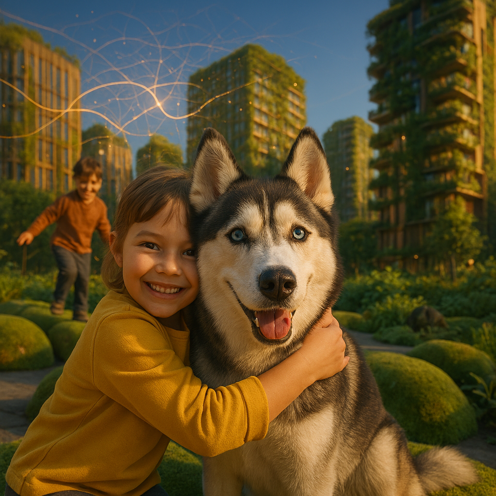 Urbane Resilienz durch systemische Stadtplanung: Eine lächelnde Person hält einen Husky in einem grünen Stadtquartier mit Holz-Hybrid-Bauten und leuchtenden goldenen HS-Netzwerk-Linien.