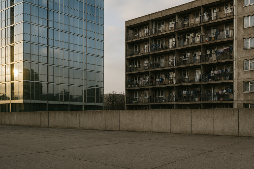 Straßenansicht mit starkem Kontrast zwischen einem luxuriösen Glas-Hochhaus und einem vernachlässigten sozialen Wohnblock, getrennt durch eine Betonmauer; visuelle Darstellung urbaner Segregation.