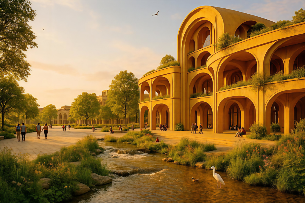 Die Harmonische Stadt als majestätischer öffentlicher Platz im goldenen Schnitt mit Fluss-Ökosystem und biobasierten Materialien. Die Gestaltung folgt den Prinzipien des Harmonious City Operating System (HS-OS) nach Helena Gericke.