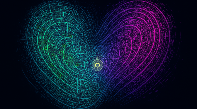 Abstrakte digitale Kunst eines Seltsamen Attraktors im Lorenz-Stil, der urbane Stadtstrukturen, Straßennetze und grüne Korridore als dynamisches System darstellt; Farbverlauf von Blau nach Purpur auf dunklem Hintergrund mit Neon-Akzenten.