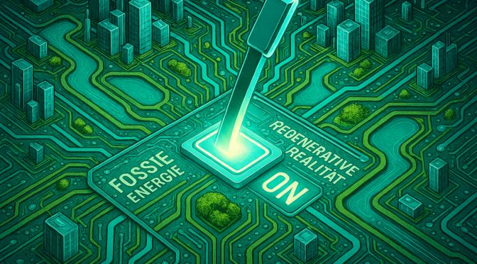 Hochauflösende Makro-Fotografie einer Stadtlandschaft, die wie eine Computerplatine (PCB) aus der 90-Grad-Vogelperspektive aufgebaut ist; gläserne Gebäude als Datenspeicher und smaragdgrüne, leuchtende Kanäle als Kühlleitungen; zentrales Steuerelement in Cyan.